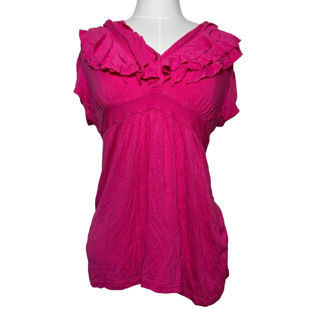 Y2K Hot Pink Ruffled V Neck Short Sleeve Babydoll Fitted Top Women's‎ Large